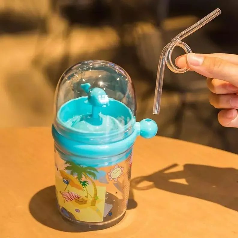 Dolphin Top Waterfall Water Bottle with Straw for kids